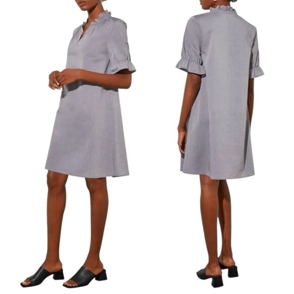 Ming Wang Cotton Shift Dress Size Small Ruffle Sleeve Gray V-Neck Poplin Unlined - Picture 4 of 12